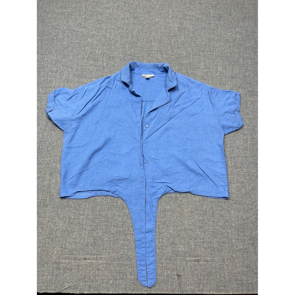 Jules & Leopold Blue Linen Blend Short Sleeve Tie Front Cropped Shirt Womens L - Picture 1 of 5